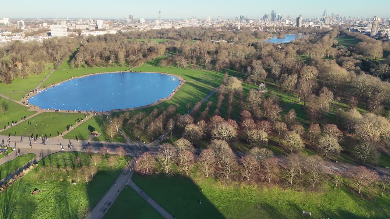 Round pond Hyde park London UK ascending drone,aerial