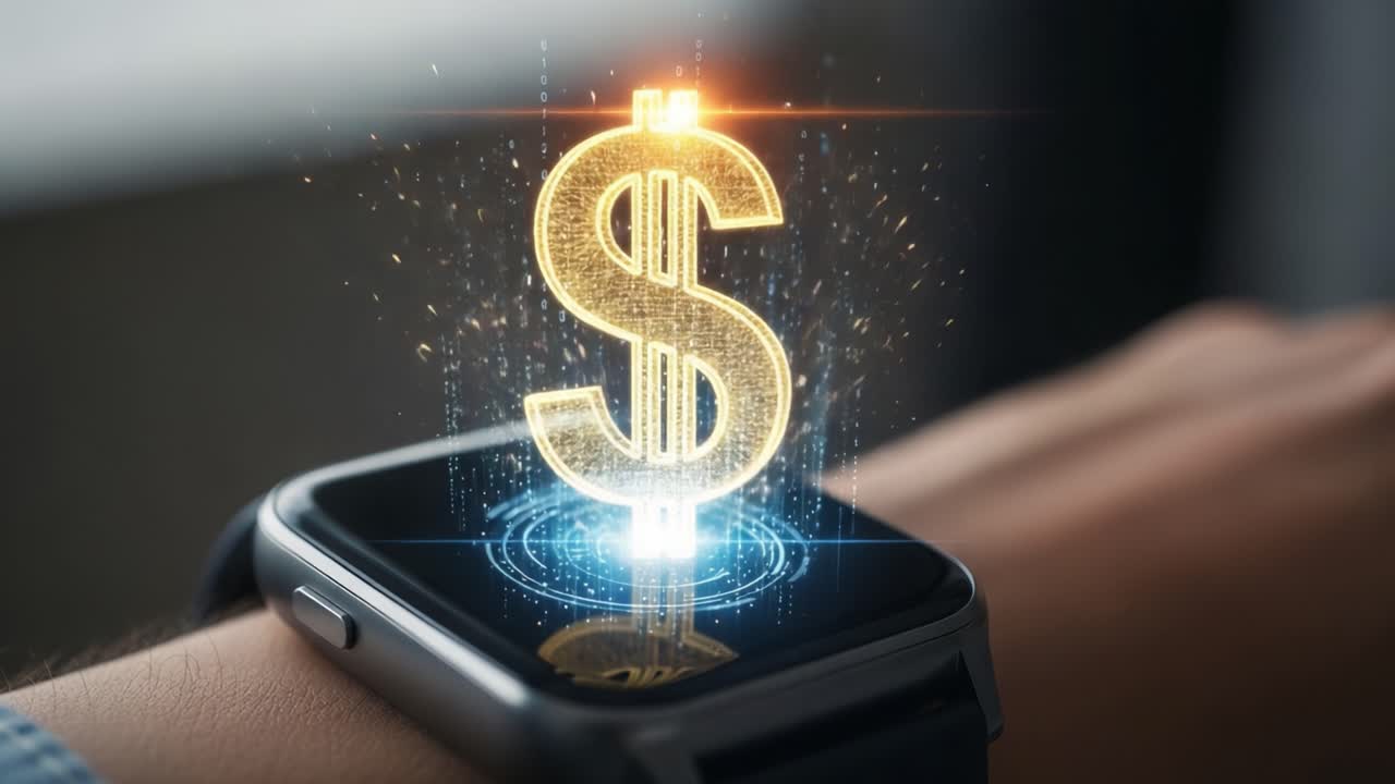 An Eye-catching Visual Representation of Digital Finance: A Glowing Dollar Sign Emerges from a Smartwatch Screen, Symbolizing Modern Monetary Concepts and Technology