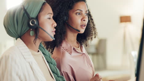 call center, women and team helping on computer