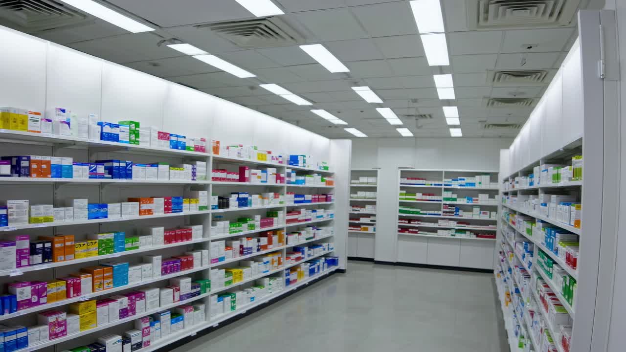 White shelves full of colorful medicine boxes and packages inside a modern pharmacy, offering a wide variety of healthcare products for customers