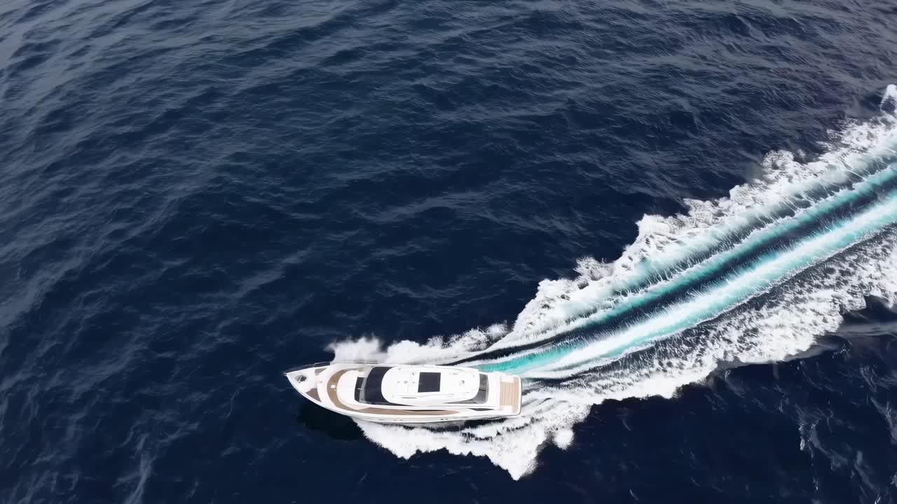 Aerial video capturing a luxury yacht cutting through deep blue ocean waters, leaving a dynamic