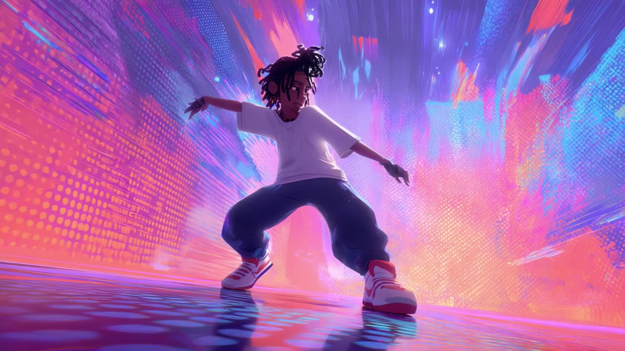 A vibrant and energetic animated character showcases dynamic dance moves against a colorful backdrop, highlighting creative expression through movement and rhythm as lights and graphics pulsate around them