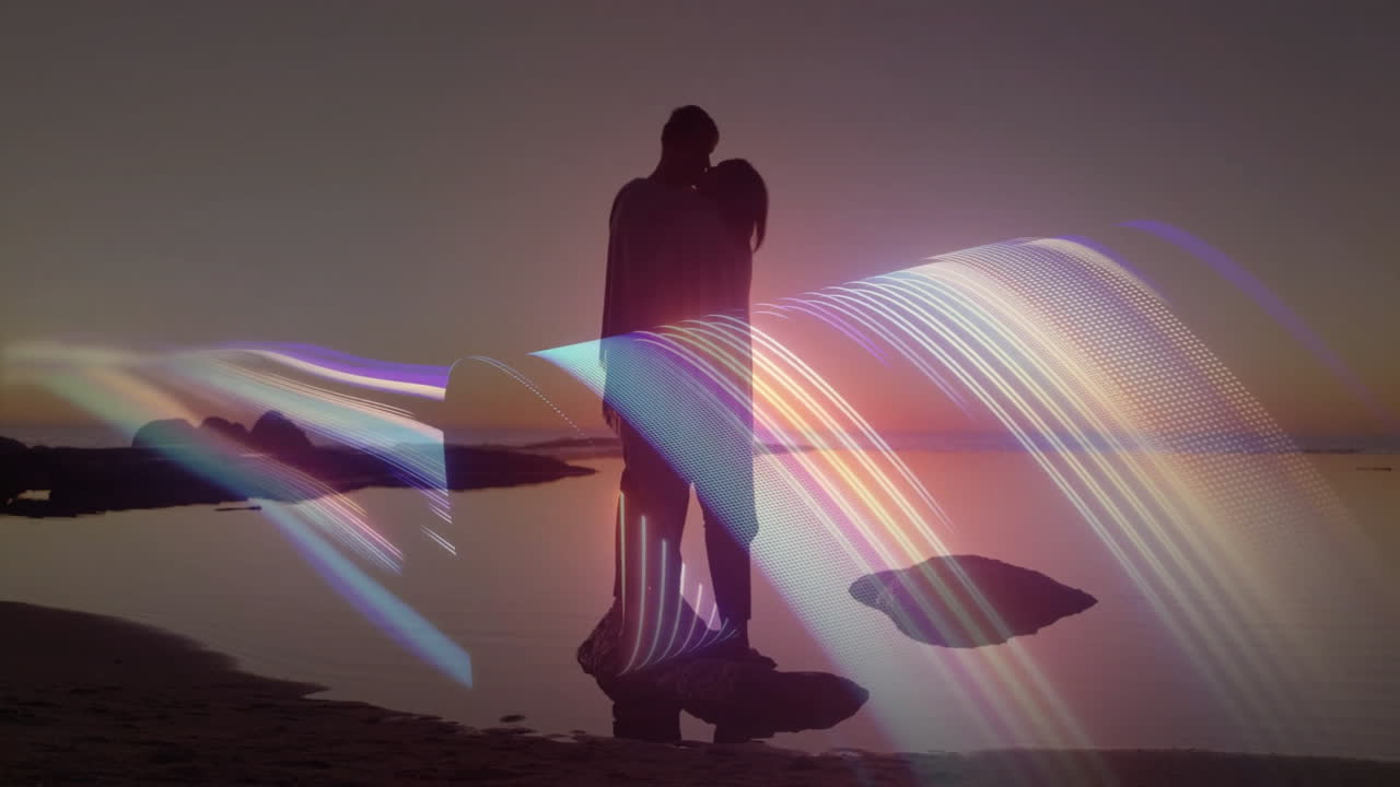 Embracing on beach, couple surrounded by colorful light trails in animation