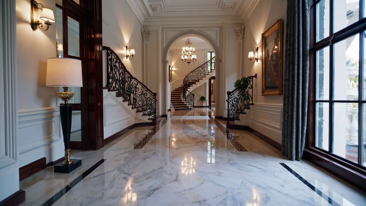 Elegant interior hallway showcases luxurious marble flooring and ornate staircase, highlighting sophisticated design and architectural beauty in a seamless motion sequence