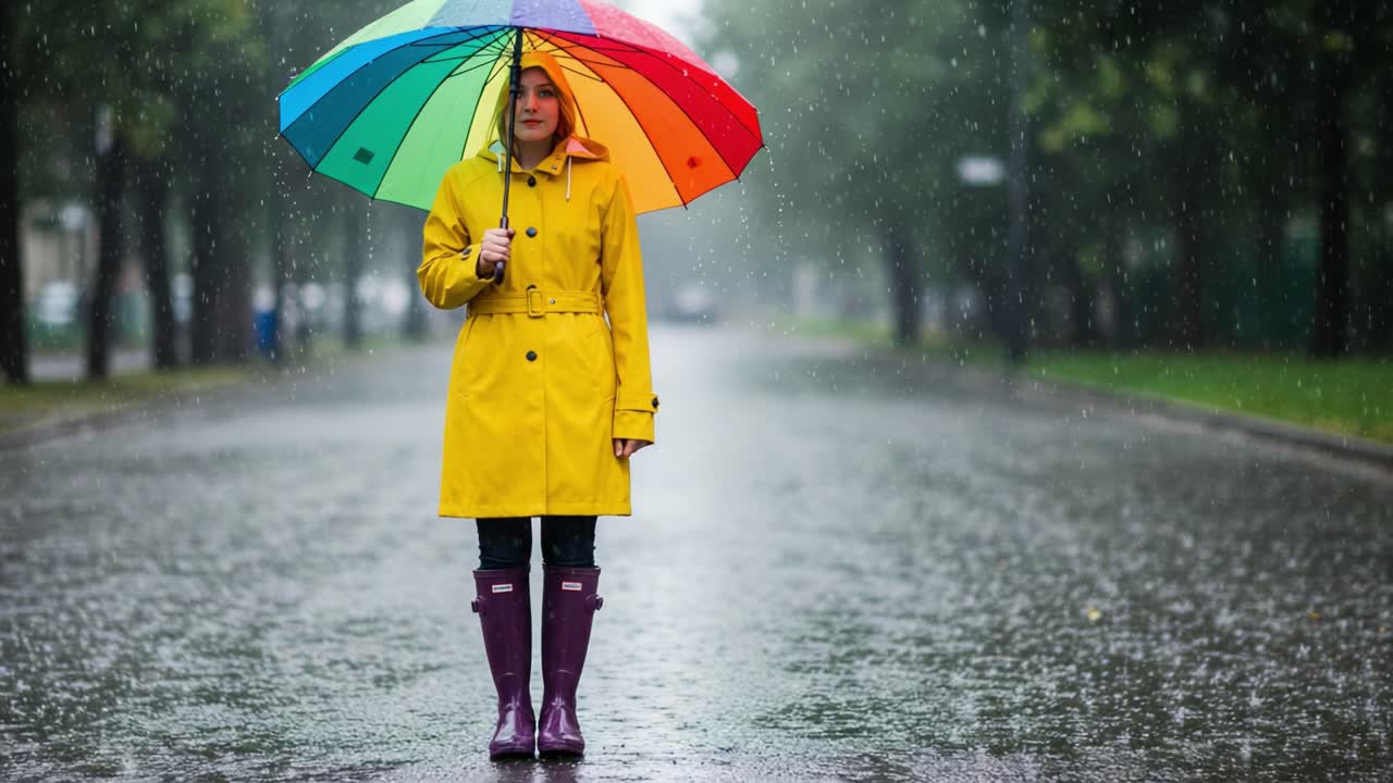 A Brightly Dressed Person Stands Under a Colorful Umbrella on a Rainy Street, Surrounded by Falling Rain and a Serene Atmosphere, Capturing the Essence of a Tranquil Downpour