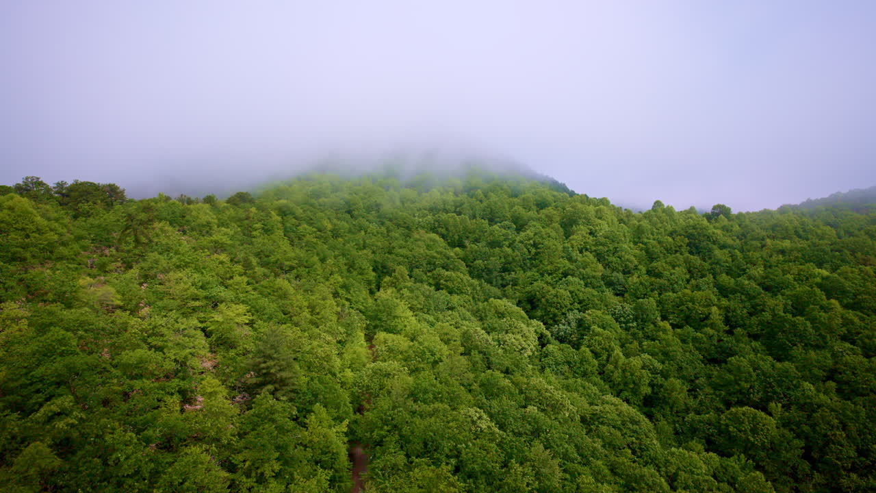 Drone hovers and glides above fog-draped mountains