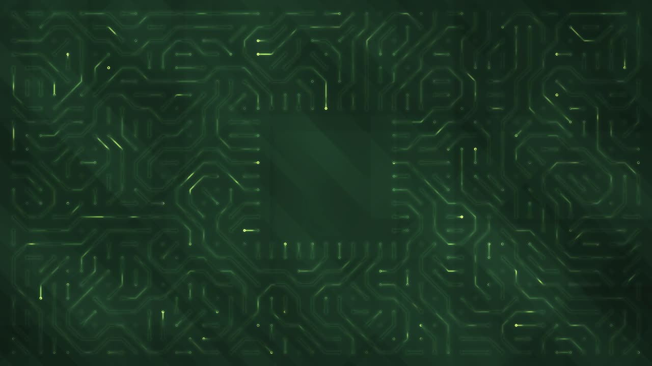 Seamless loop of dark green digital circuit board pattern with flowing light or electricity simulating data transfer on a motherboard, computer science, programming
