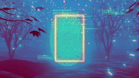 Biometric fingerprint interface over lights in trees on path at night