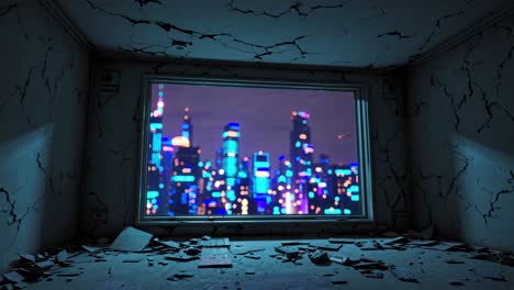 habitación abandonada con vista futurista de la ciudad por la noche