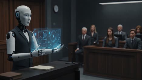 a futuristic courtroom scene where an advanced robot presents digital evidence, highlighting the intersection of technology and justice in a modern legal setting