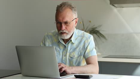 serious male retiree make home accounting work sitting by laptop