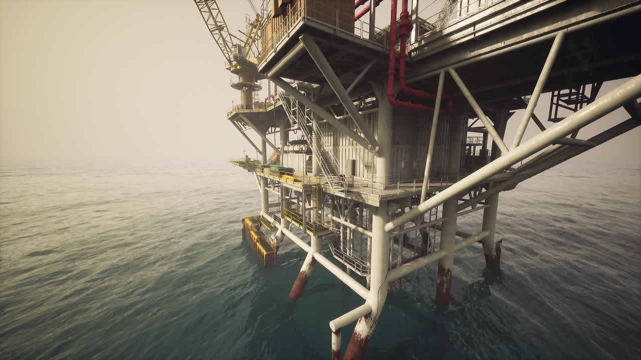 Old oil platform standing in calm waters with hazy skies at dawn