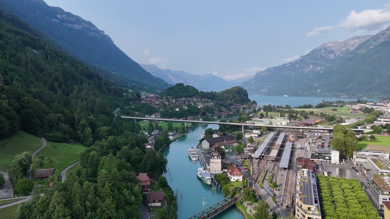 Interlaken Jungfrau region Switzerland drone,aerial Lake Brienz in background