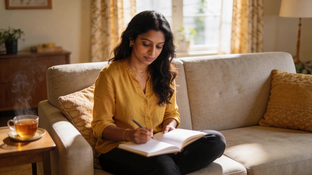 Looking down woman wearing mustard blouse journaling with pen at home, notebook, steaming tea