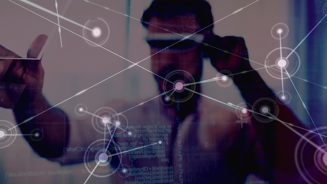 animación de la red de conexiones a través de un hombre de negocios con auriculares vr