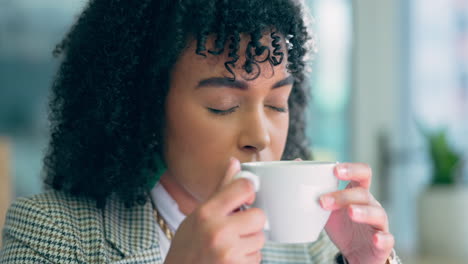 face, thinking and coffee with a business woman