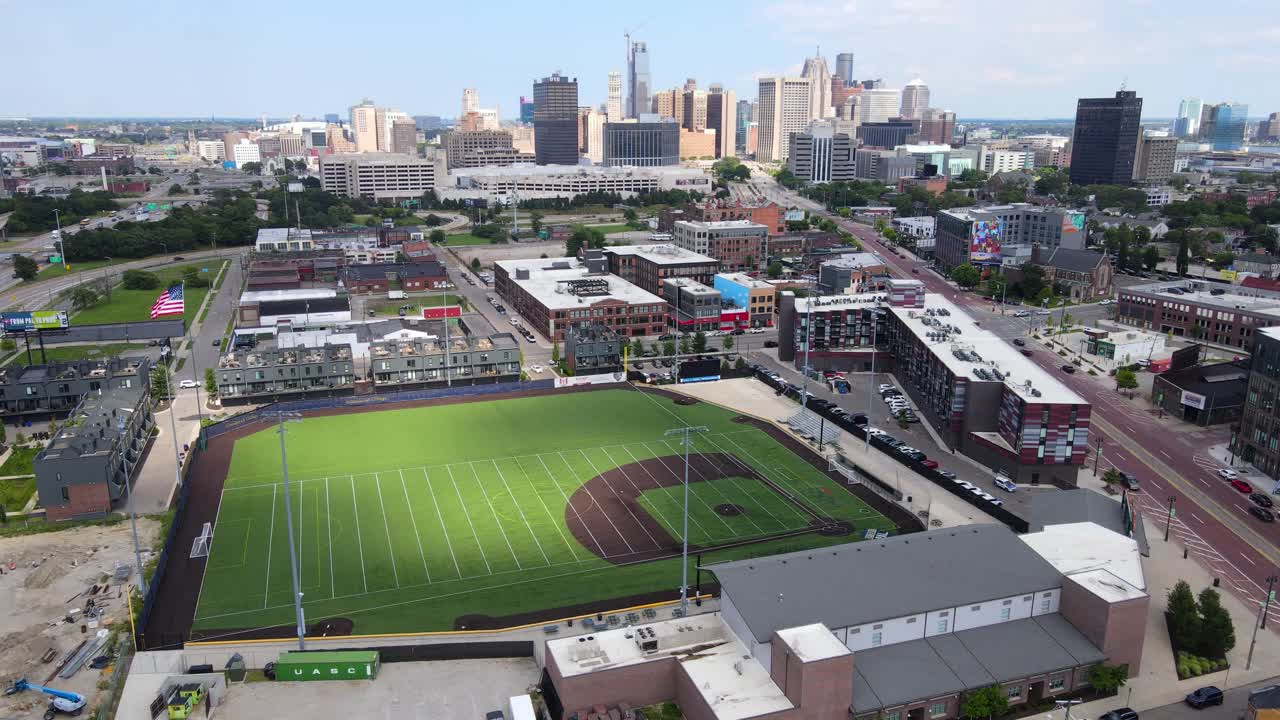 Corner Ballpark, Corktown neighborhood in Detroit, Michigan, USA, aerial drone view