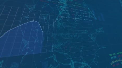 Animation-of-graphs,-trading-board-over-connected-dots-against-abstract-background