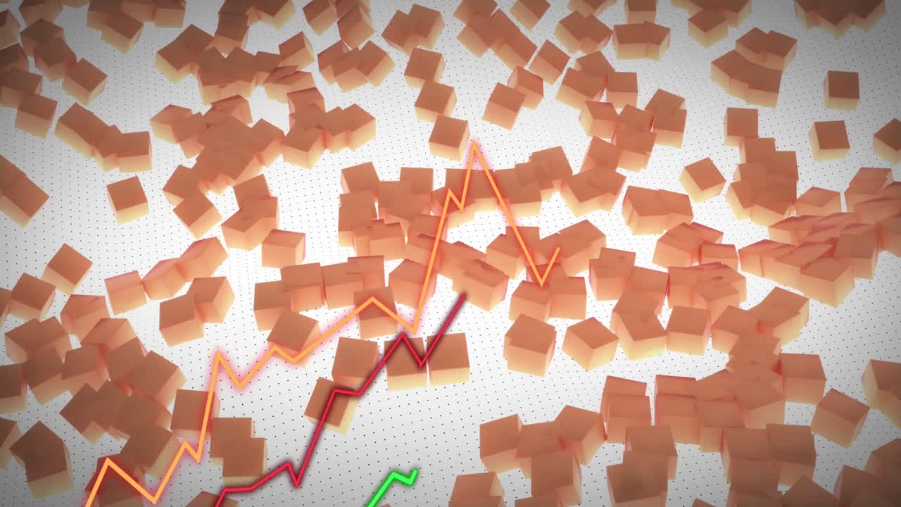 오렌지 블록 위에 빨간색, 오렌지색 및 초록색 선으로 데이터 처리의 애니메이션