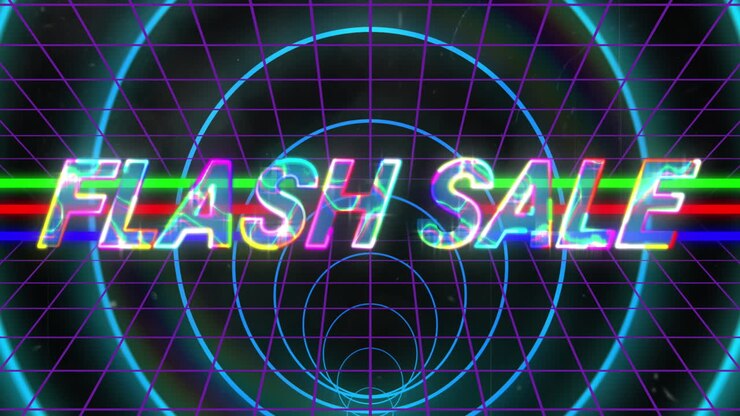 Animazione di offerta lampo e cerchi al neon nello spazio digitale nero