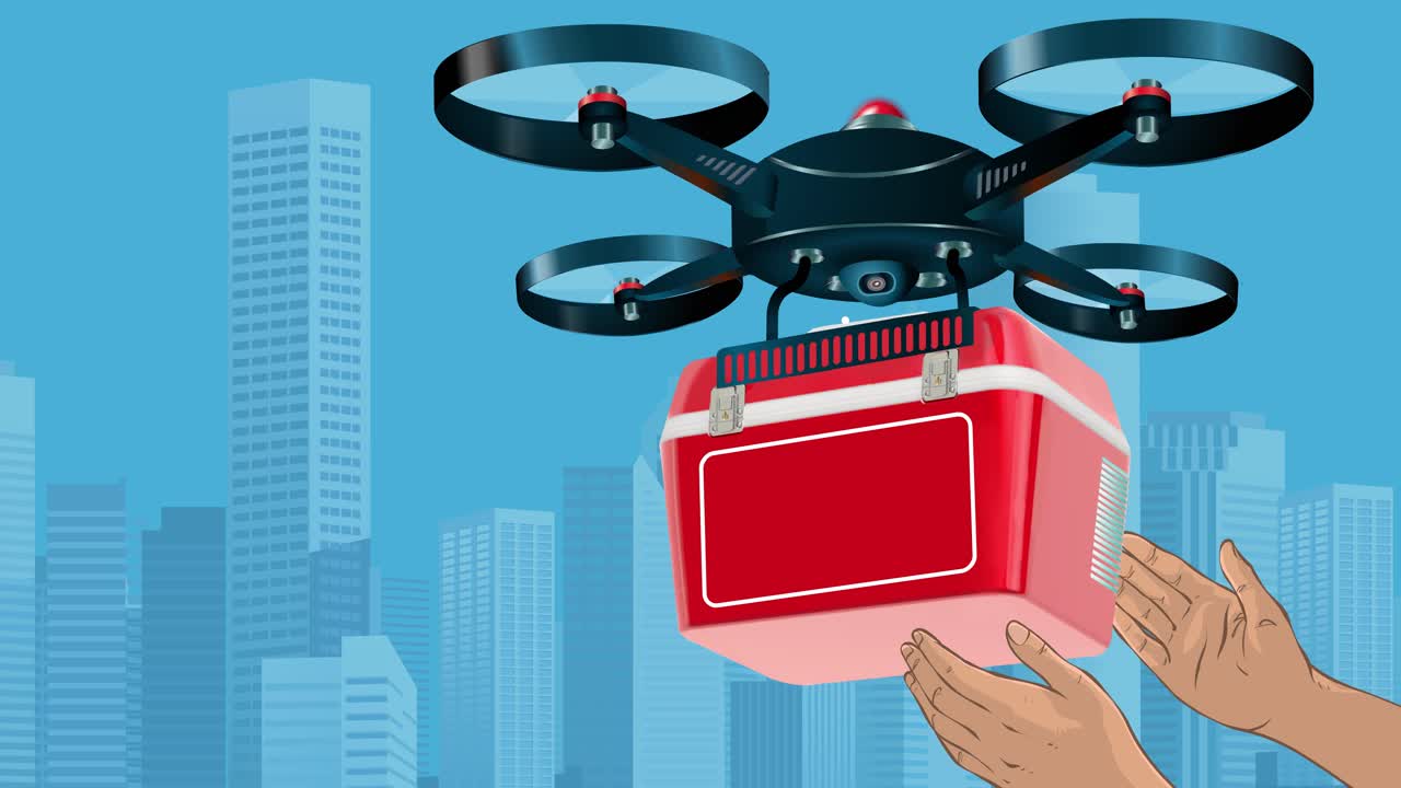 빨간색 공급 상자를 배달하는 드론과 패키지를 받는 사람의 손이 표시됩니다.