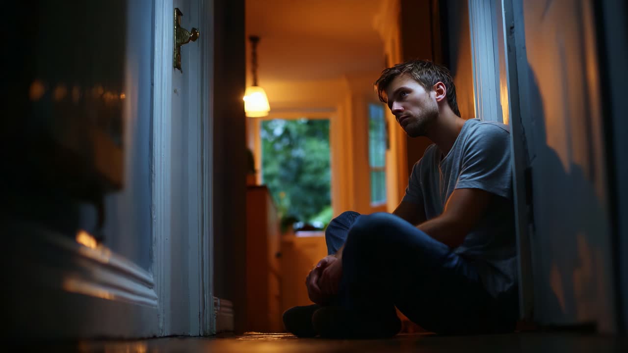 A contemplative young man sits in a dimly lit hallway, reflecting in solitude as warm light spills in from a distant room, evoking a sense of introspection and peace