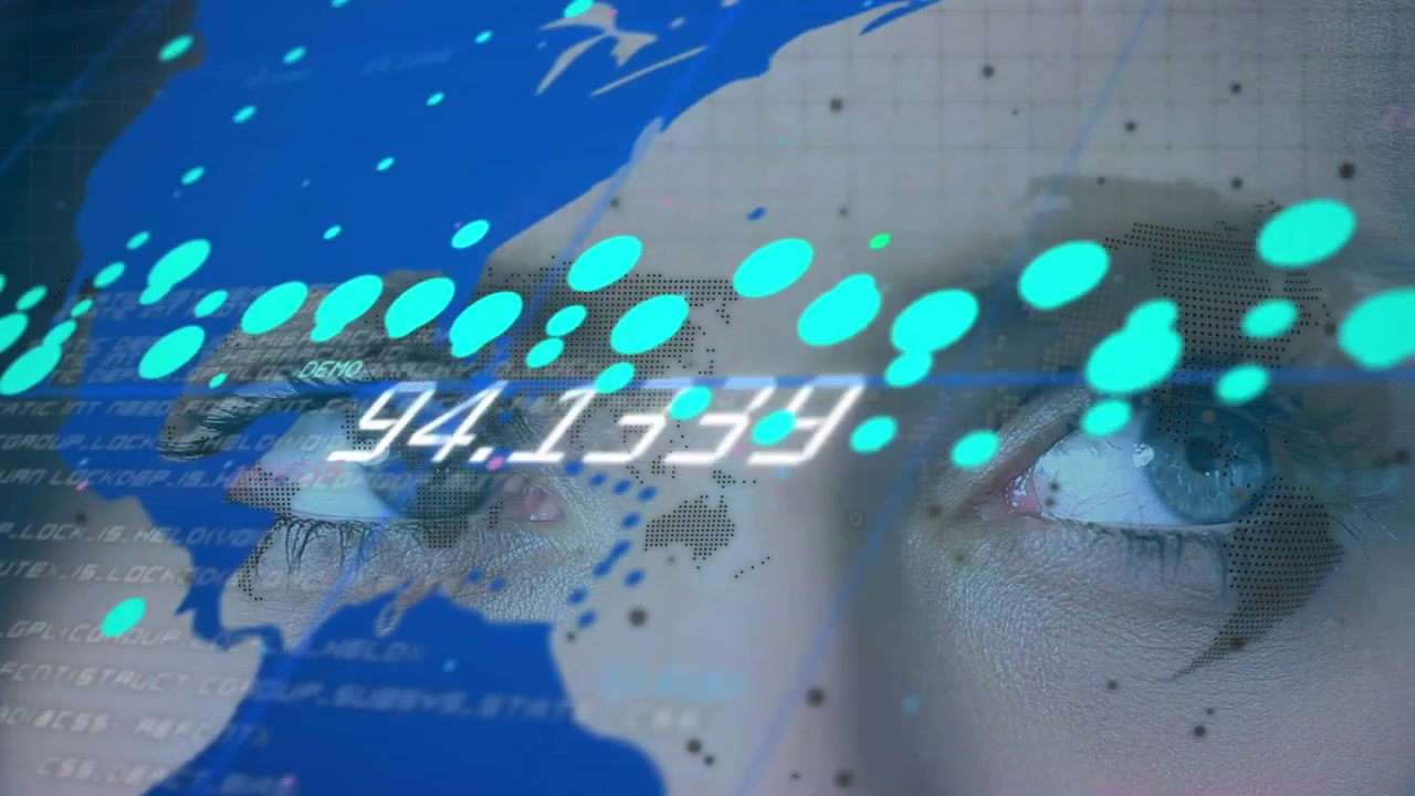 Números mudando e processamento de dados financeiros sobre mapa-múndi contra close-up de olhos femininos