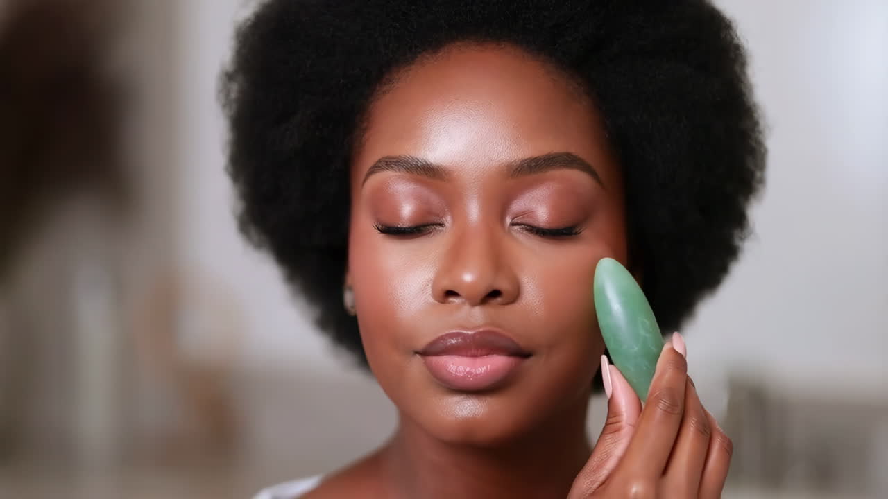 Woman Using a Facial Massage Tool for Skincare