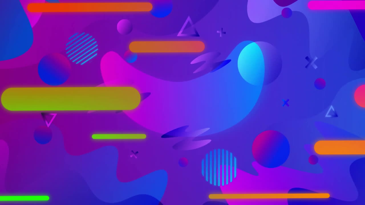 Animation of colourful shapes moving and spheres on blue background