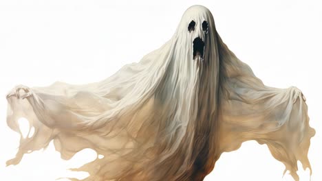 A spooky ghost figure in a flowing white sheet, captured from a low-angle shot, evokes a classic