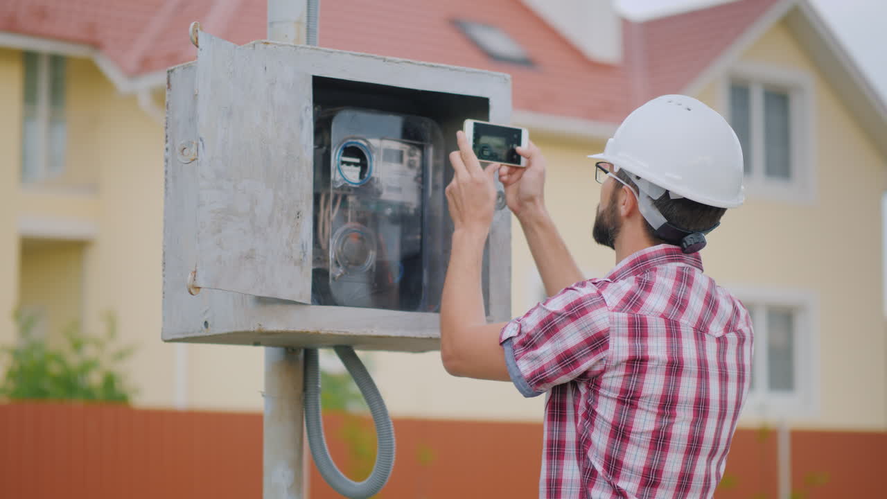검사관은 4k 비디오를 읽는 미터의 사진을 찍습니다.