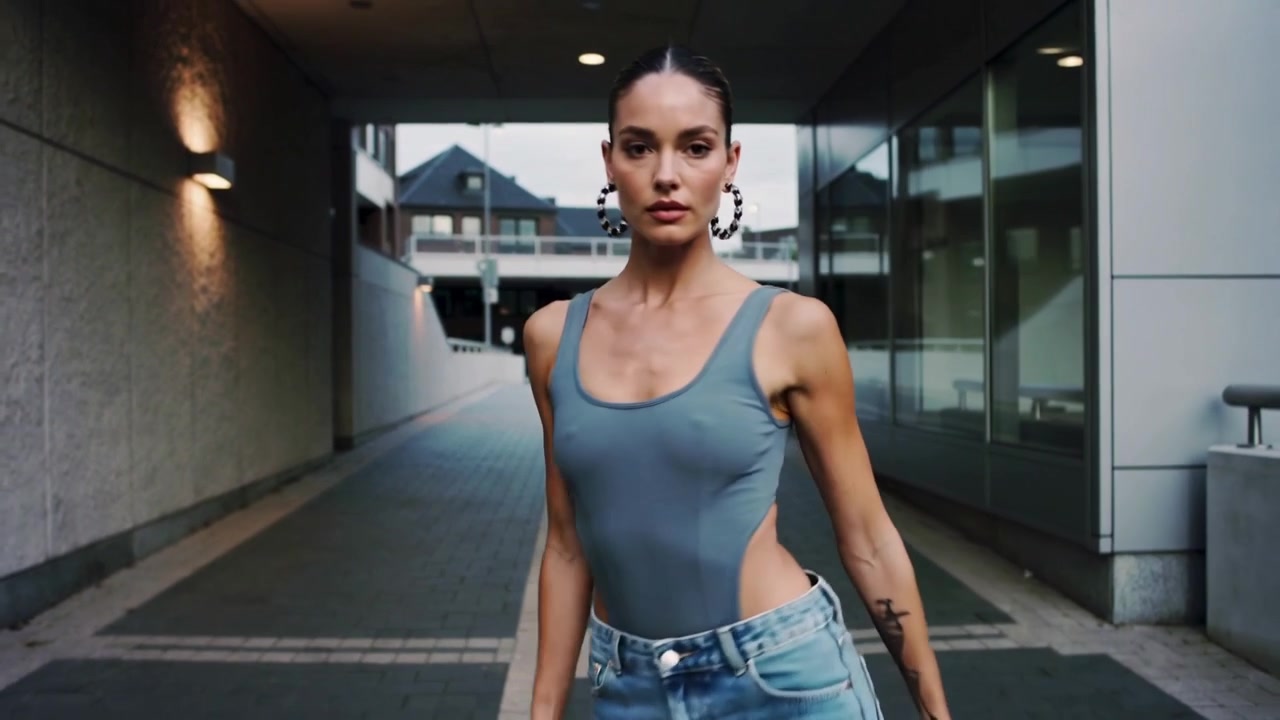 Donna che balla per la telecamera in un passaggio urbano, indossando un body, jeans e orecchini a cerchio.