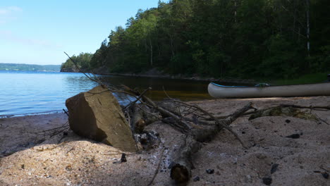 still canoe on the shore out of the water in a forested area