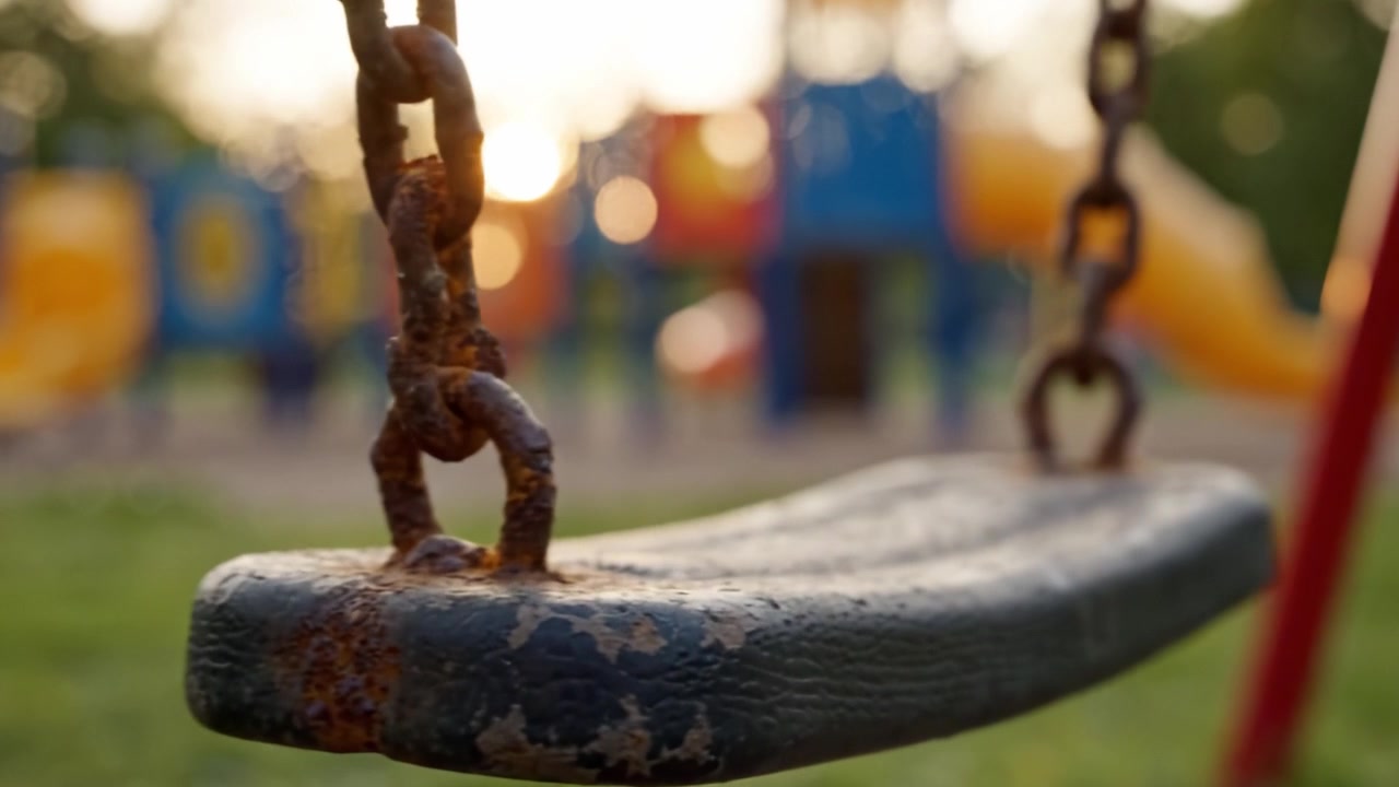 Ein nostalgischer Blick auf eine verlassene Schaukel auf einem Spielplatz während der goldenen Stunde, der die Schönheit der Natur und Kindheitserinnerungen einfängt