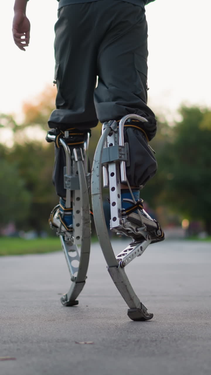 Lower back shot of man walking with stilts wearing gray hoodie and pants on paved road surrounded by green grass and trees, showcasing motion, balance, and agility in an outdoor setting
