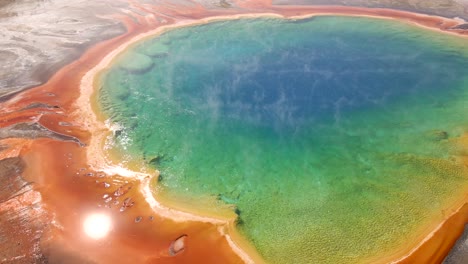 aerial 4k footage of grand prismatic spring in yellowstone national park, wyoming, usa