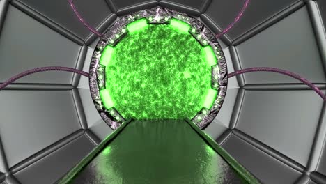 la escotilla oxidada de hierro abre una vista panorámica a la escena del paisaje de la nave espacial. fondo abstracto 3d de corredor de ciencia ficción con portal. tecnología futurista abstracto vj para títulos tecnológicos y fondo.