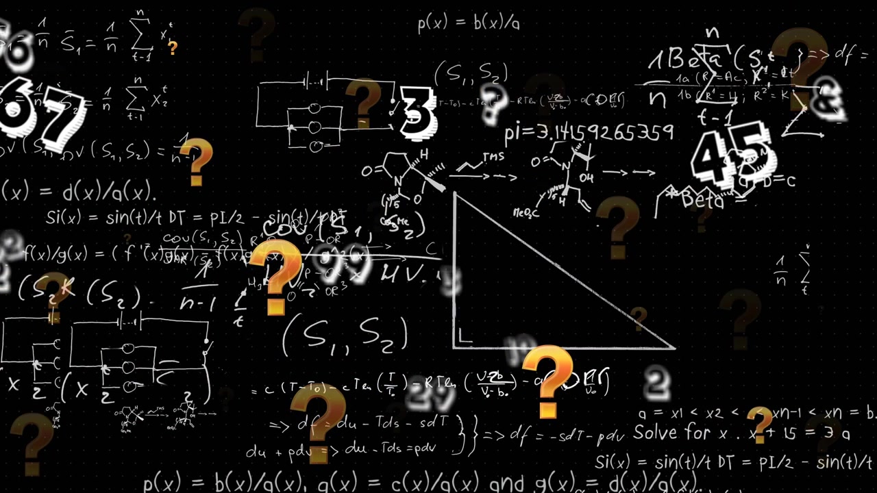 Pemindai bulat neon di atas simbol tanda tanya dan persamaan matematika dengan latar belakang hitam