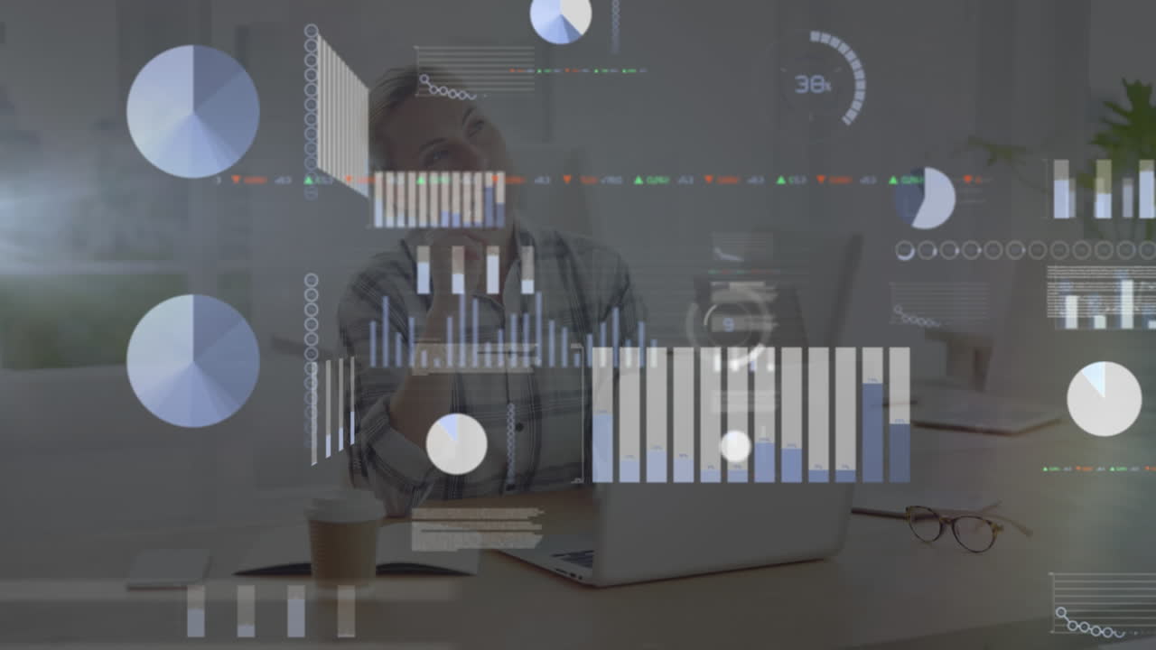 Animation of statistics and data processing over businesswoman using laptop