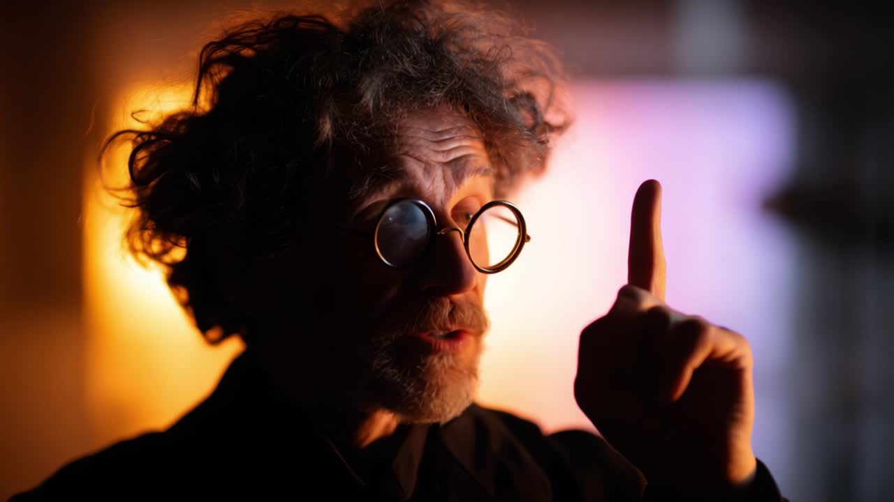 Um indivíduo pensativo gesticula apaixonadamente com um dedo levantado, iluminado por uma luz ambiente suave, enfatizando um momento de revelação ou conselho durante uma conversa reflexiva