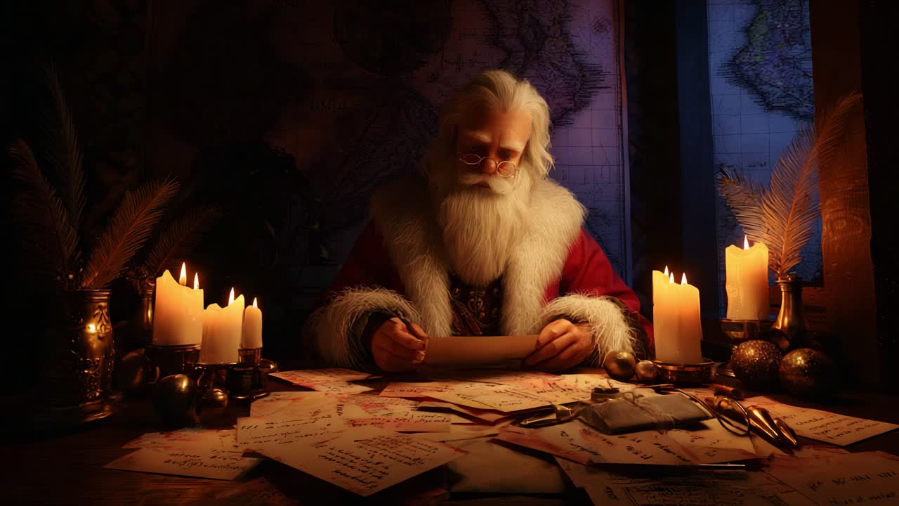 A Mystical Figure in a Cozy Study Reading Letters by Candlelight, Surrounded by Maps and Candles, Evoking a Sense of Wonder and Anticipation for the Upcoming Holiday Season