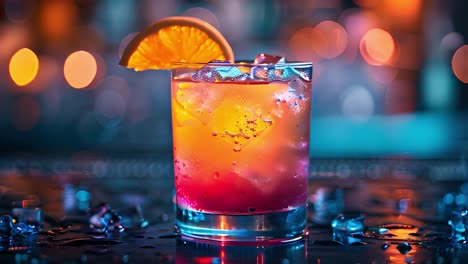 colorful cocktail with orange slice and ice cubes at a bar