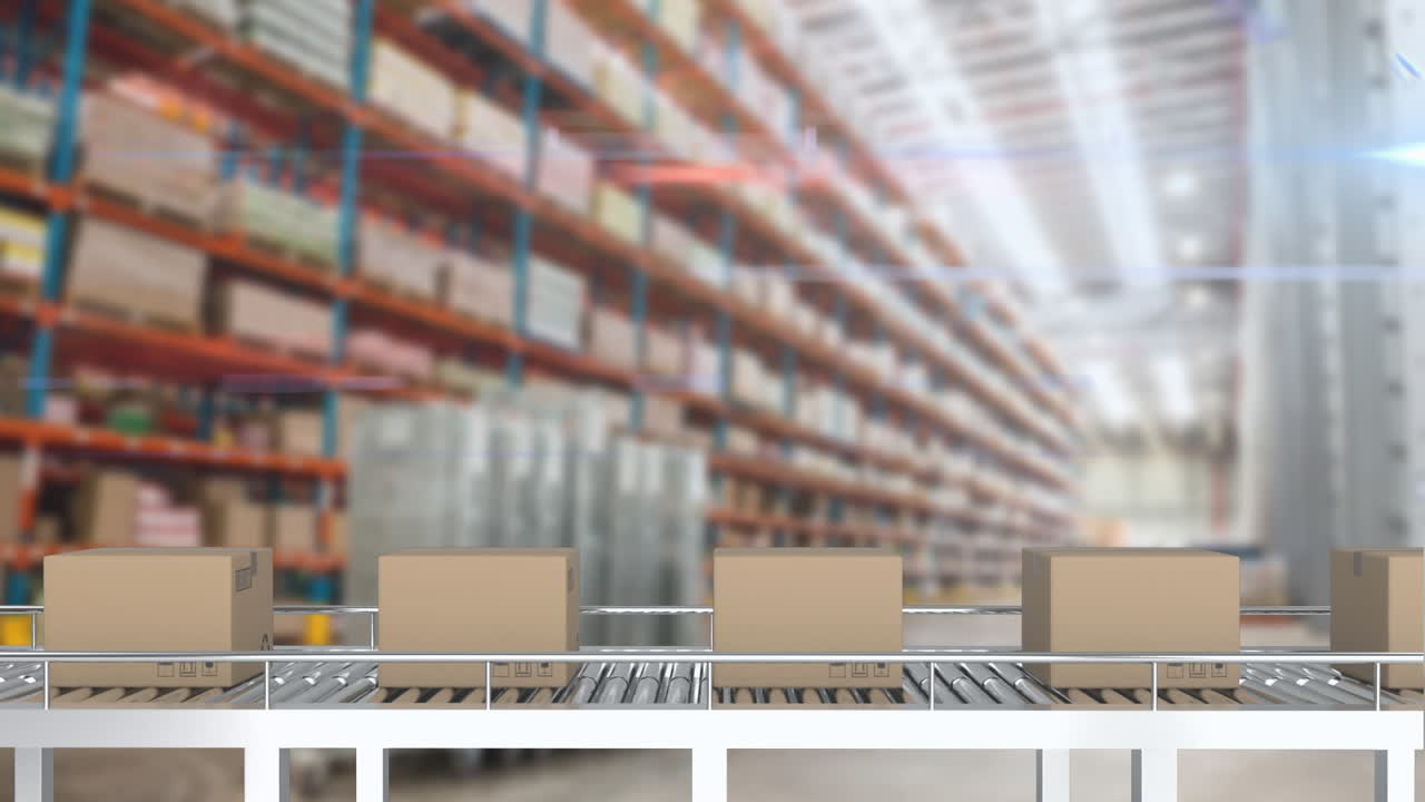 concepto de comercio electrónico animado con cajas en un transportador en un almacén digital.