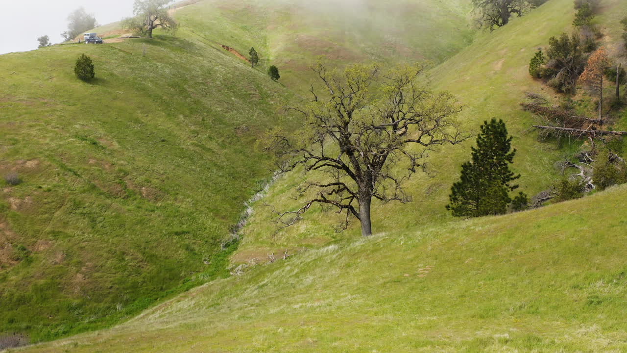 Low-angle drone shot rotating through misty fog, revealing the green hills of Big Sur ridge. - USA