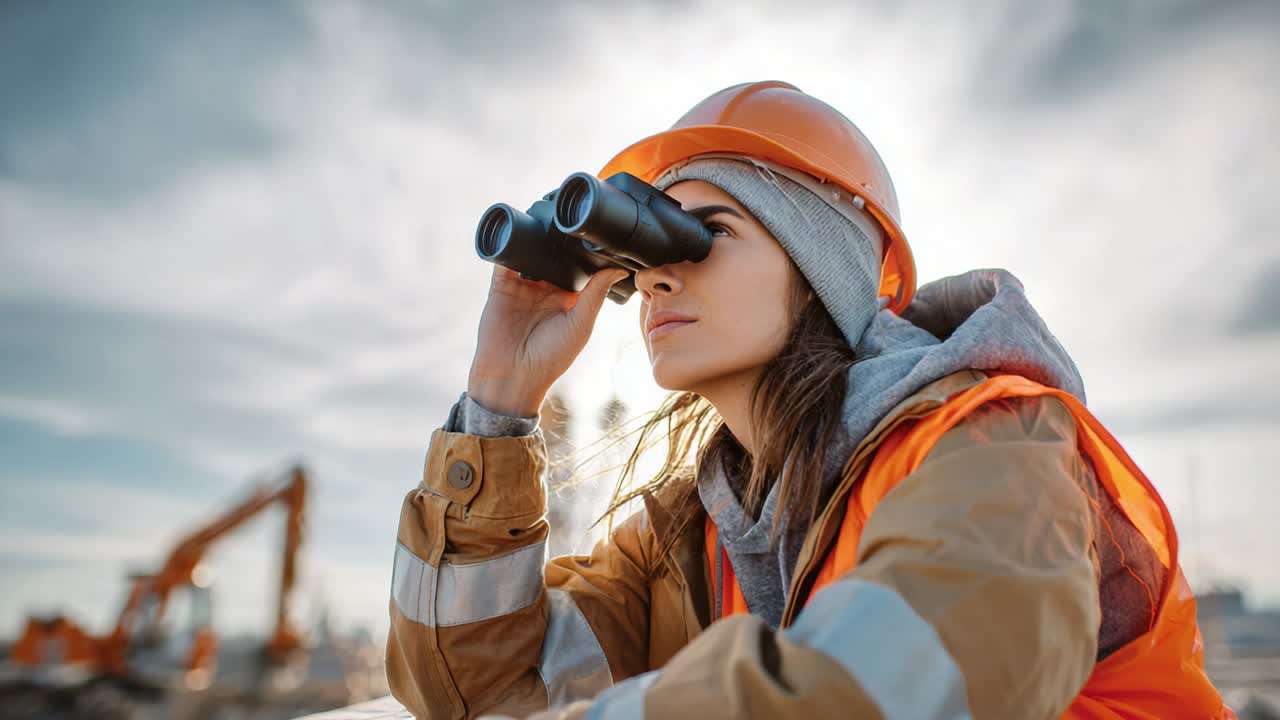 Female Construction Worker with Binoculars