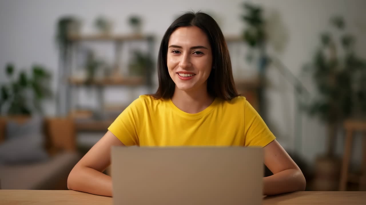 Young woman smiling while using a laptop at home