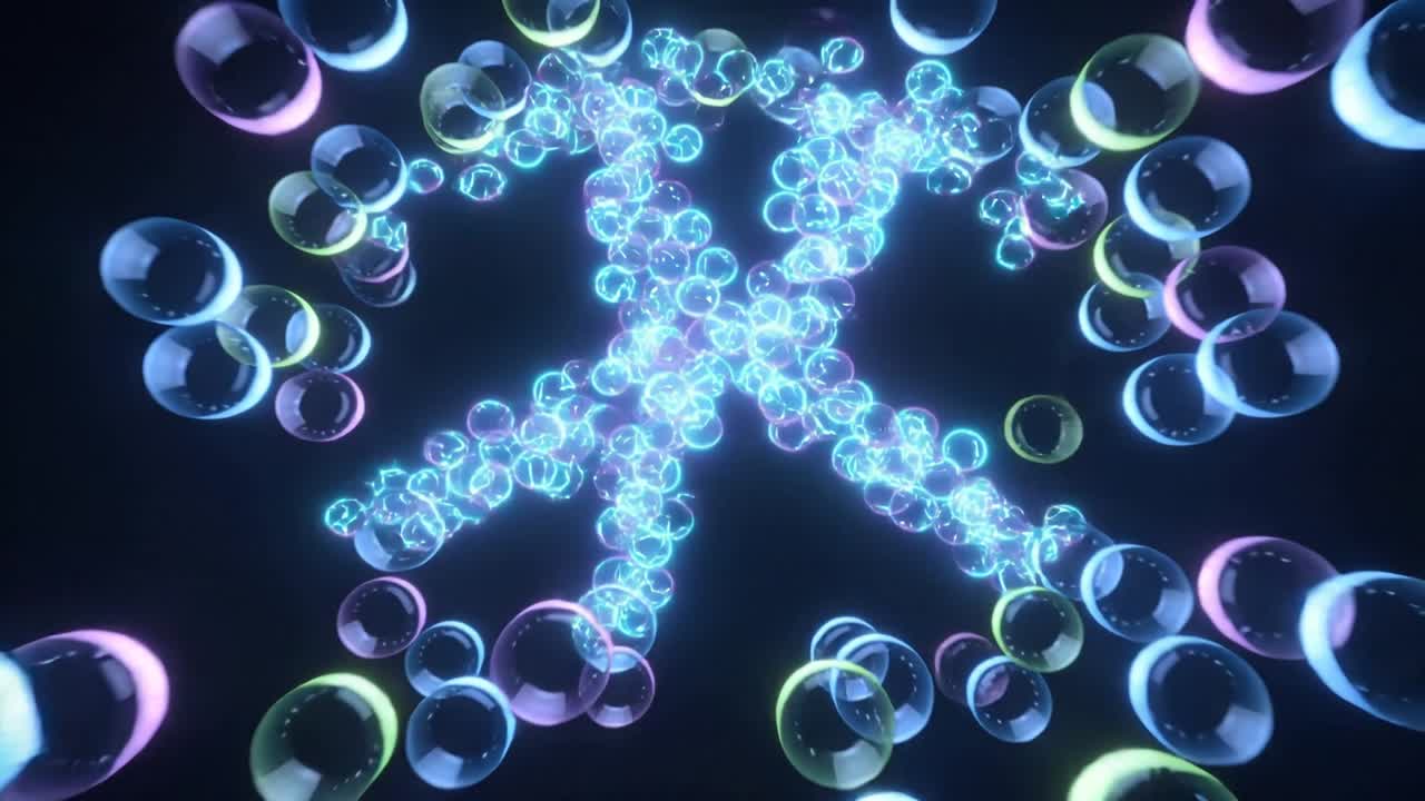 Emettendo scintille, un gruppo centrale ciano forma cinque braccia nel vuoto, creando un anello con bolle pastello