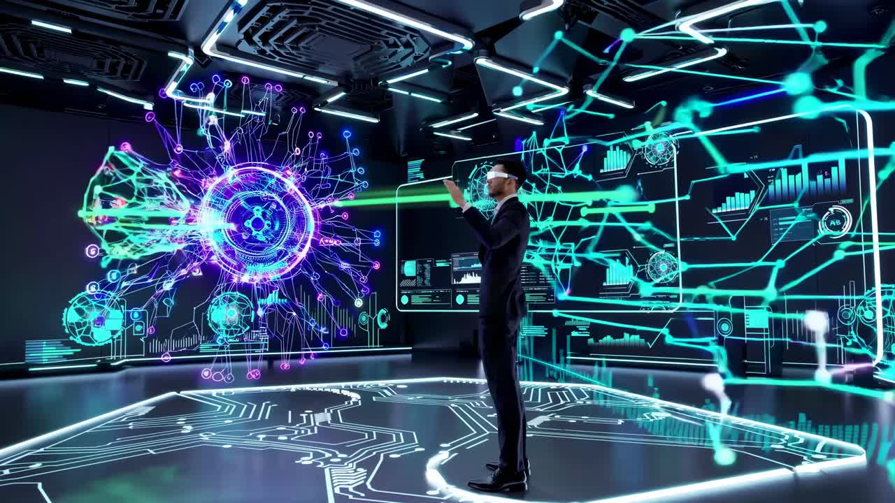 Businessman using VR headset in futuristic tech room