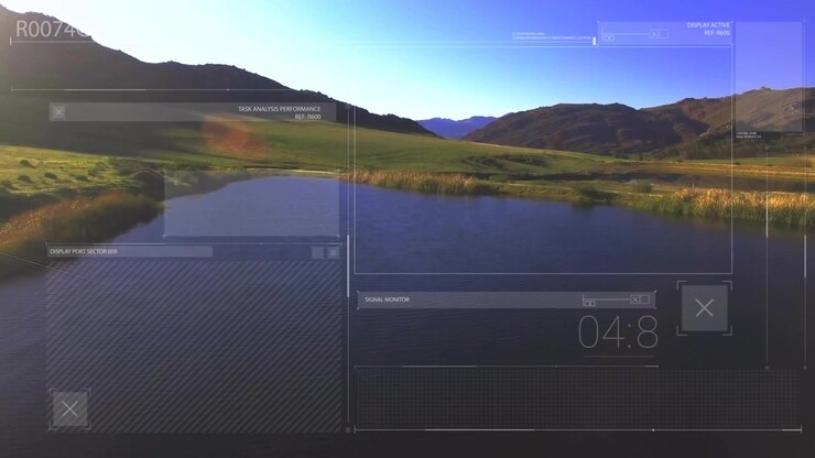 Vista aerea iniziale su uno stagno che mostra il pannello R0074G e un monitor di segnale che aggiorna i valori di analisi delle attività.