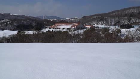 Los-árboles-Y-Las-Nubes-En-La-Granja-Limpia-Cubierta-De-Nieve-Se-Mueven-Ligeramente-Por-El-Fuerte-Viento